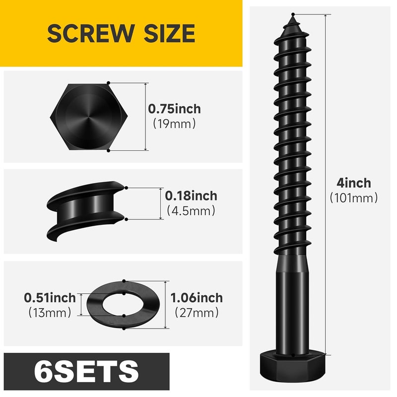 MYWISH (6Sets) 1/2" x 4" Hex Head Lag Bolts, Heavy Duty Lag Screws with Washers, 304 Stainless Steel Bolts 18-8, Lag Screws Wood Screws, Fully Thread Black Oxide, 1/2 Bolt by - Image 2